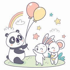 A delightful illustration showcases a panda, bunny, and mouse amidst a rainbow, balloons, and stars, creating a whimsical scene