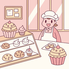 A charming bakery scene featuring a cheerful baker, a display case filled with cupcakes and cookies, and a delightful array of sweet treats