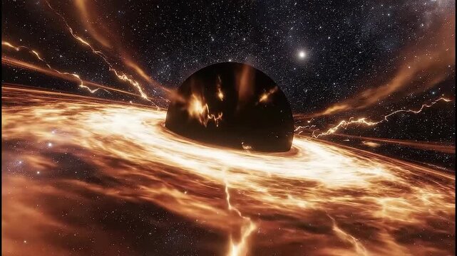 Cosmic black hole accretion disk swirling energy plasma gravitational pull deep space nebula