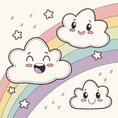 A charming cartoon illustration featuring happy clouds, a colorful rainbow, and sparkling stars, creating a cheerful and whimsical atmosphere