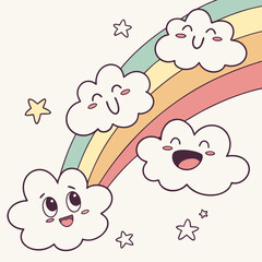 A delightful cartoon illustration showcasing cheerful clouds, a vibrant rainbow, and twinkling stars, creating a whimsical and joyful scene