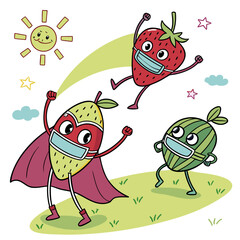 A cheerful cartoon illustration featuring a superhero mango, a strawberry, and a watermelon wearing masks, set against a sunny backdrop with a smiling sun