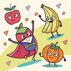 Cheerful fruit cartoon characters apple, banana, acerola superhero, and tangerine having fun on a colorful background with geometric shapes