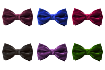 Colorful velvet bow tie collection isolated on a transparent background. Assortment of elegant menswear accessories for formal events. Сollage