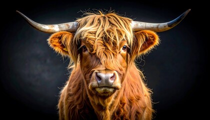Majestic Highland Cow Portrait with Intense Gaze and Horns.