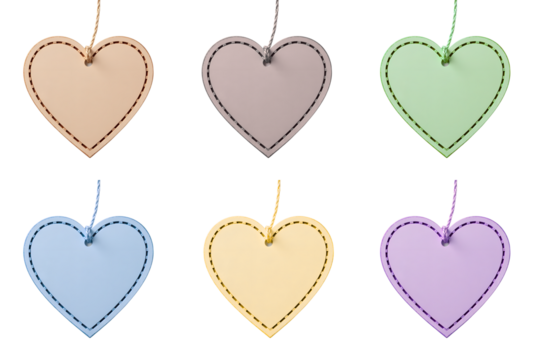 A collage of colorful pastel heart-shaped cutout tags. Blank paper labels with strings for gifts or messages isolated on a transparent background