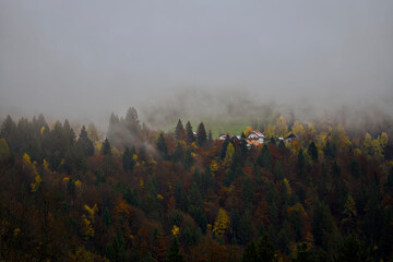 Remote mountain cabin enveloped in mist with scenic views