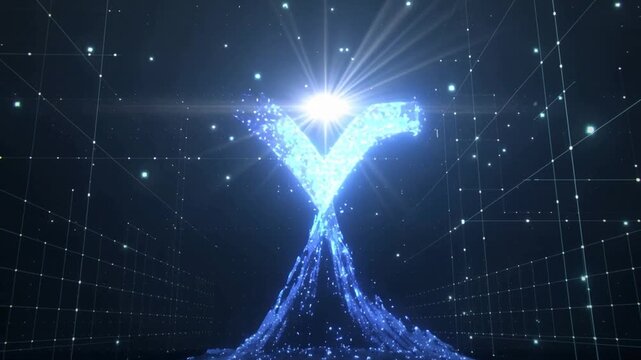 Abstract Digital Mountain Made Of Blue Light And Particles In A Grid System.
