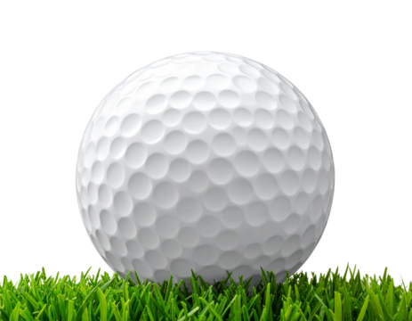 White Golf Ball on Fresh Green Grass, isolated on transparent background.