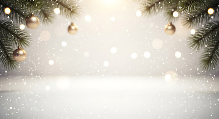 Elegant festive winter holiday background with sparkling snow, green fir branches, and golden baubles, perfect for seasonal celebrations and joyful greetings