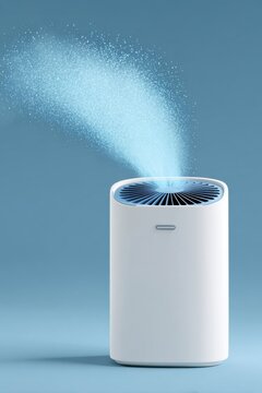 Minimalist air purifier releasing soft blue mist in a serene environment, showcasing modern design and functionality with copy space for text overlay