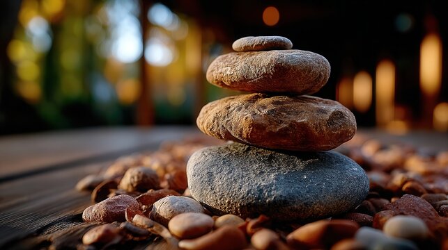 Serene stacked stones evoke tranquility and balance, perfect for mindfulness, wellness, and spa promotion with warm golden hour lighting
