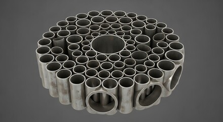  Intricate Circular Arrangement of Various Diameter Metal Tubes or Pipes, Creating a Textured and Patterned Surface on a Dark Gray Background.