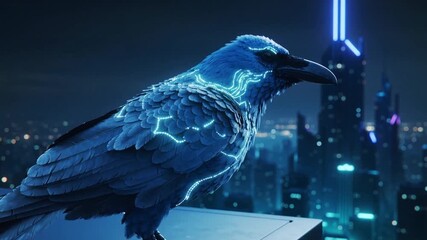 Blue Cybernetic Raven Perched on Rooftop with Futuristic Cityscape at Night bird technology. - Powered by Adobe