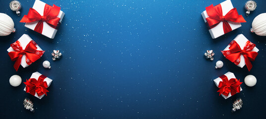 Merry Christmas and Happy Holidays greeting card, frame, banner. New Year. Noel. Red and white...