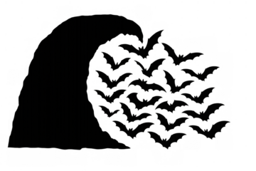 Swarm of black bats flying from an abstract cave or opening, halloween spooky creatures on transparent background