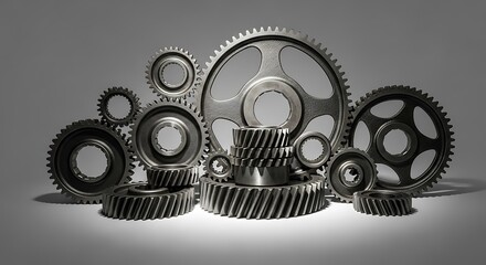  A Dynamic Arrangement of Various Industrial Metal Gears, Including Spur Gears and Helical Gears of Different Sizes, Artfully Illuminated Against a Graduated Gray Background.