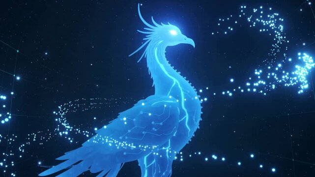 Blue Digital Phoenix with Circuit Board Design and Glowing Trails bird mythical.