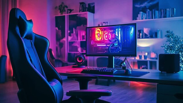 Immersive Gaming Setup - Neon Lights and High-Tech Gear for Ultimate Experience. - Powered by Adobe