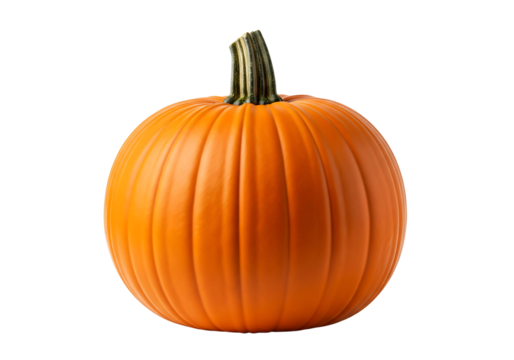 A classic smooth, round, orange pumpkin with a curved green stem, ready for autumn. Isolated on transparent background, png