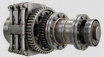 A robust and intricately designed industrial gear system or mechanical component, featuring exposed gears, bolted flanges, and hydraulic cylinders, all rendered in a distressed metallic finish.