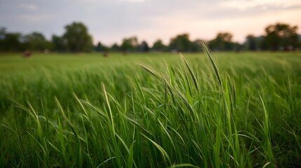 Obraz premium Tall green grass sways in a gentle breeze across a field at twilight with a soft pastel sky