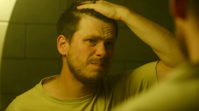 Worried young man looking in mirror, anxiously checking his hairline for signs of thinning hair and male pattern baldness, feeling insecure and stressed about his appearance. Man checking his hairline