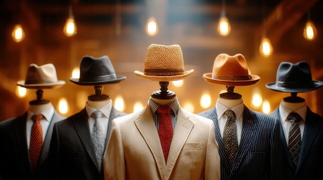 Dapper men's fashion ensemble featuring stylish fedoras and tailored suits, exuding vintage charm and sophistication under warm ambient lighting.
