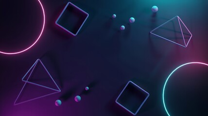 Neon Geometric Shapes Floating on Dark Surface abstract