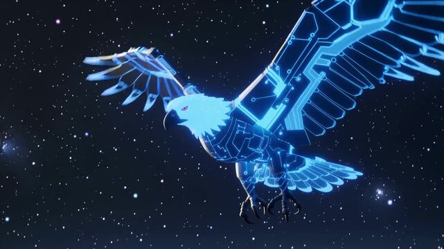 Digital Eagle with Circuit Board Design Soaring Through a Starry Night Sky bird animal. - Powered by Adobe