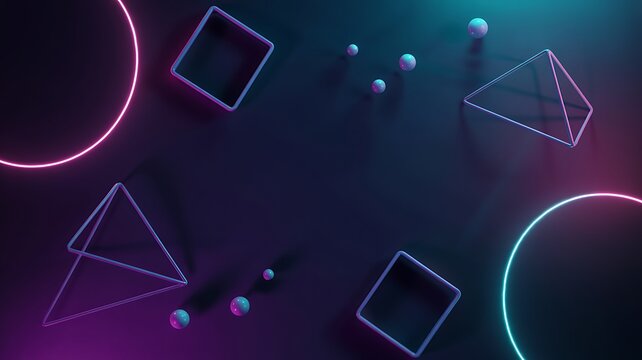 Neon Geometric Shapes Floating on Dark Surface abstract