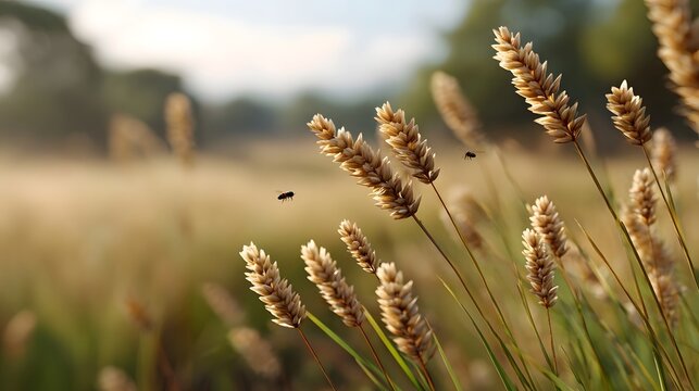 Golden wheat ears gently sway in soft afternoon light with insects in a serene field - Powered by Adobe