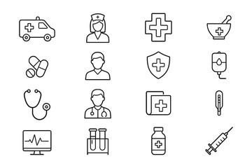 Fototapeta premium Medical Line Icons Set — Healthcare, Doctors, and Hospital Equipment