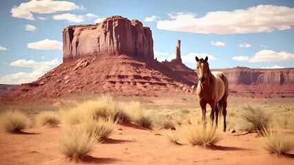 A vivid portrayal of a horse in a desert landscape, with a clear sky overhead. The horse is a light brown color with a white mane and tail, standing upright on a sandy terrain.