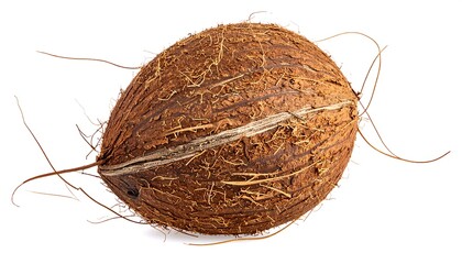 Close-up of a whole coconut with husk on white background.