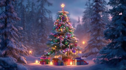 Enchanted winter forest scene with a beautifully decorated christmas tree illuminated by fairy lights and glowing candles