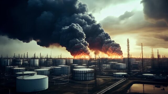 Storage tank in oil refinery. Aerial view of an oil refinery during a massive oil and gas explosion during sunset, with a massive plume of smoke rising from the ground.