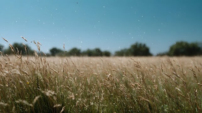 A serene open field of dry grass under a clear blue sky with tiny specks of pollen or insects floating in the gentle breeze