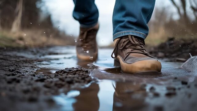 Brown boots splashing through puddles on a muddy path in a forest on a cloudy day