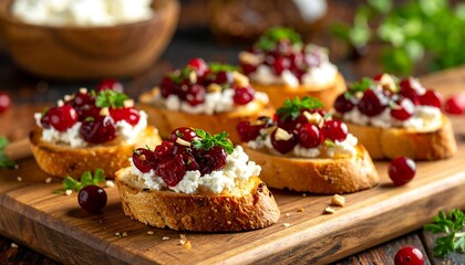 Cranberry and Goat Cheese Crostini Appetizers on Wooden Board.
