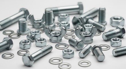 Assortment of Galvanized Metal Fasteners, Including Hex Head Bolts, Wing Nuts, Standard Nuts, and Washers, Spread Across a White Background.