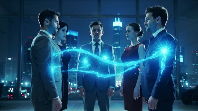 Diverse business team in suits interacting with futuristic blue energy network in office with city skyline. - Powered by Adobe