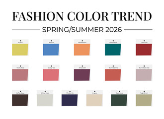 Fashion Color Trend Spring - Summer 2026. Trendy colors palette guide. Fabric swatches with color names. Vector template for your creative designs.