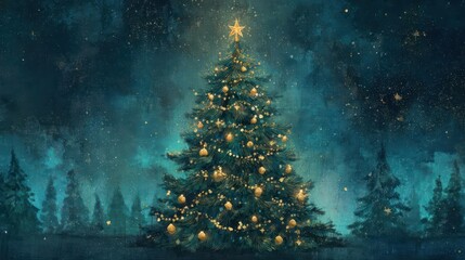 Enchanted glowing christmas tree illuminated with warm lights in a magical snowy forest at night