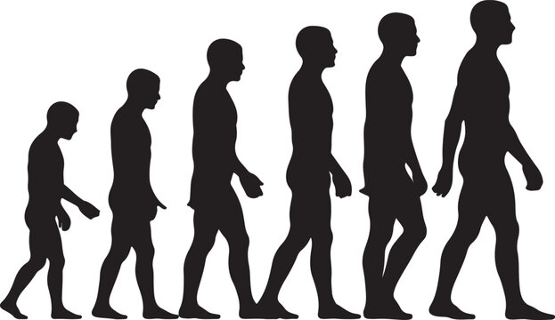Progressing human evolution is demonstrated by gradually changing postures of black silhouettes against white background