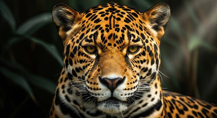 Obraz premium Majestic Jaguar Portrait With Intense Gaze Among Lush Greenery And Water Droplets