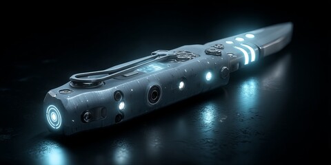 Futuristic Blade: A sleek, metallic blade, aglow with electric luminescence, rests on a reflective surface, offering a glimpse into a technologically advanced era.