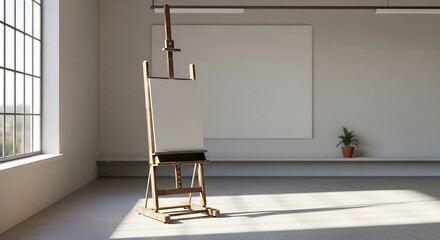 Empty artist studio with easel and window creating natural lighting