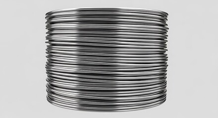 A perfectly coiled stack of bright, silvery metal wire, possibly steel, aluminum, or solder, presented against a clean grey background.