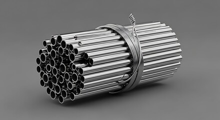  Bundle of Polished Stainless Steel Tubes or Pipes, Neatly Secured with Metal Strapping, Representing Raw Materials and Components for Various Industrial Applications Including Construction